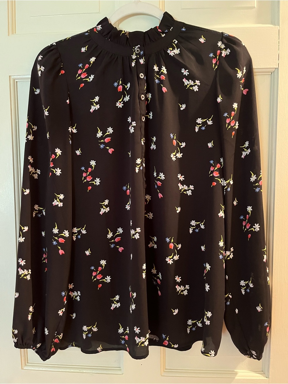 LOFT Black Floral Ruffle-Neck Button-Front Blouse